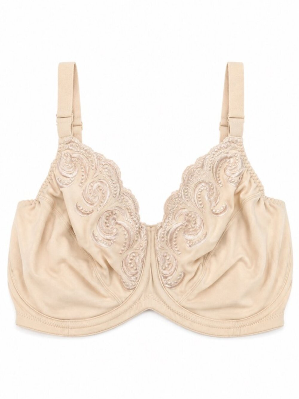 NWOT Lilyette 417 Embroidered Minimizer Underwire Bra 34DD Nude Beige Satin